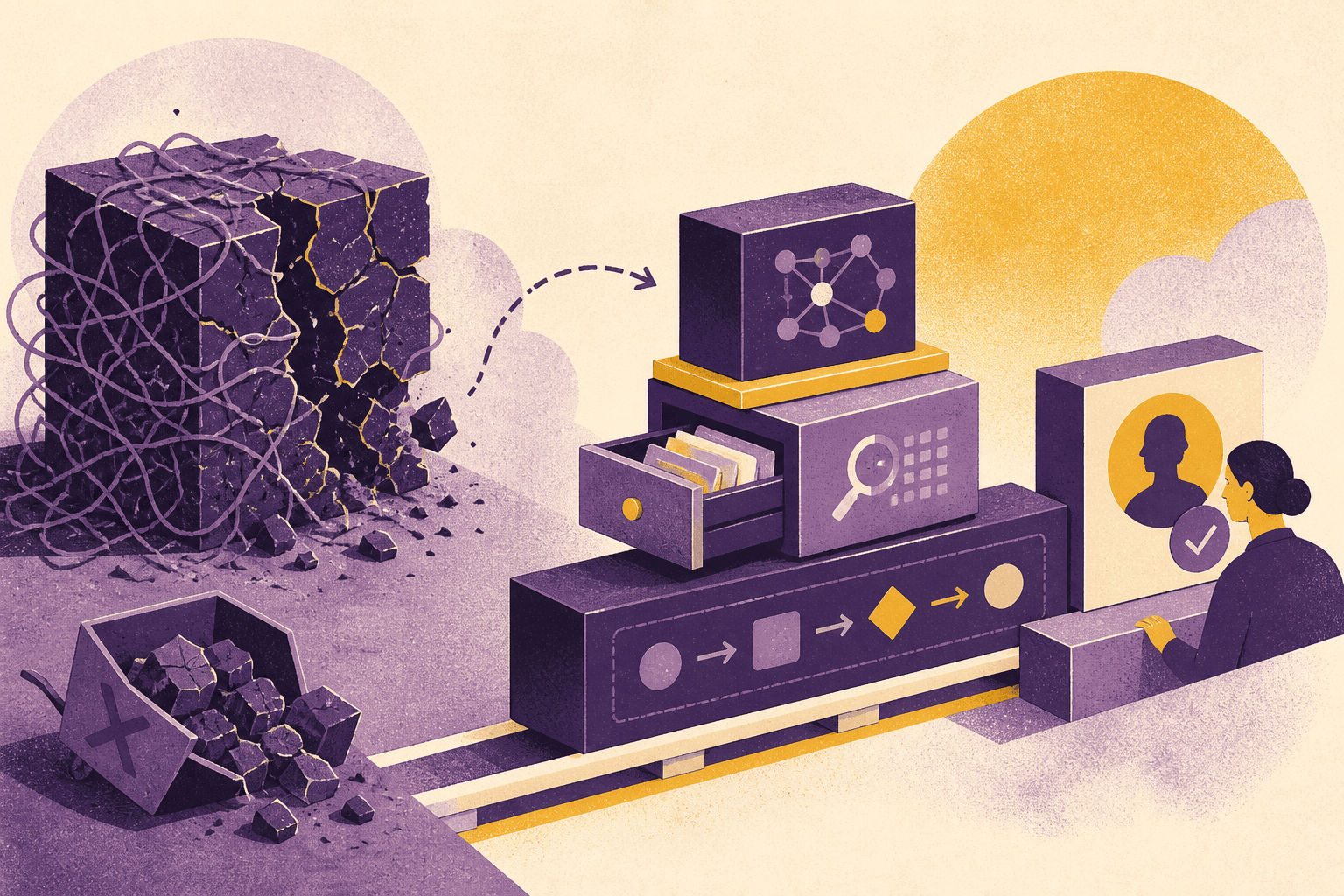 A brittle AI monolith replaced by modular model, retrieval, workflow, and review components