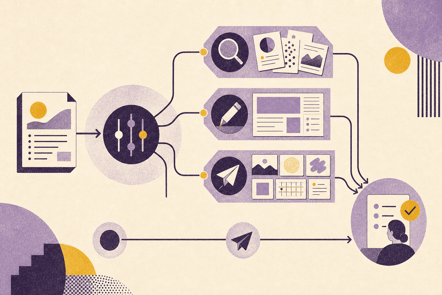 A shared brief routed to specialized research, drafting, delivery, and human approval stages