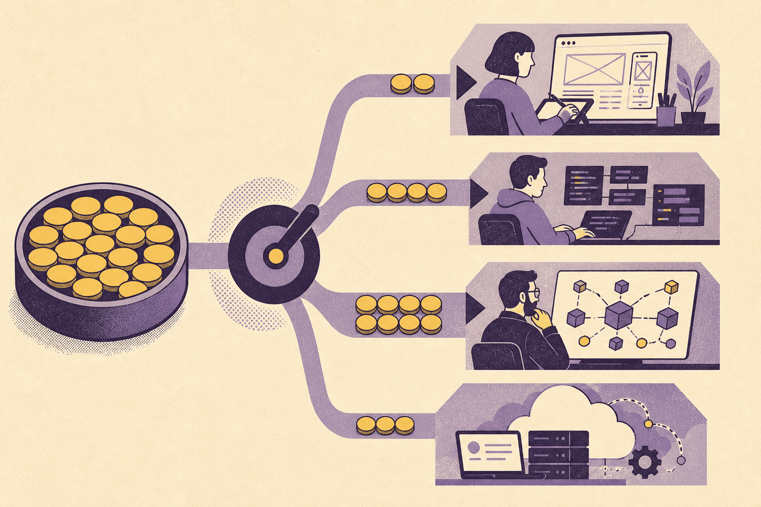 One shared pool of credits allocated across design, engineering, senior architecture, and DevOps specialists
