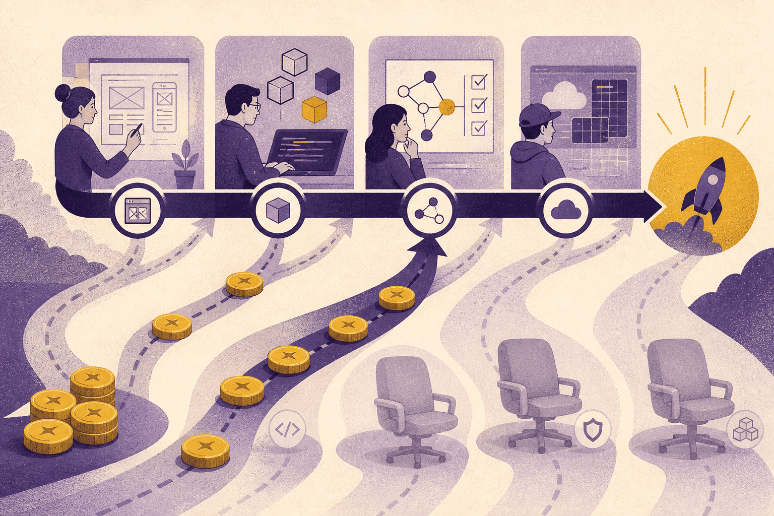 A limited credit stream moving through design, engineering, architecture review, and release while unused capacity sits aside