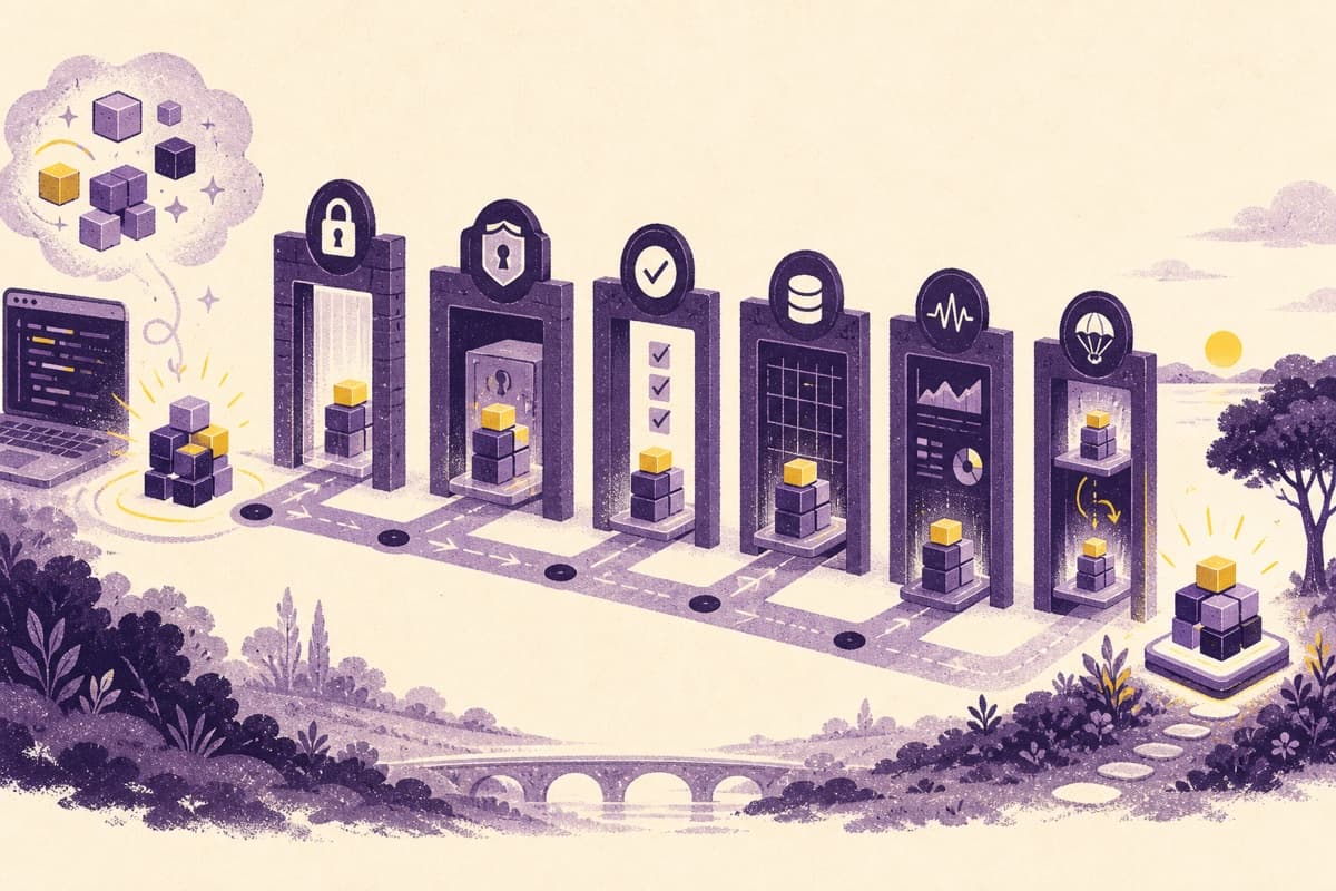 A modular AI-coded prototype passing through permissions, security, tests, database, monitoring, and deployment gates