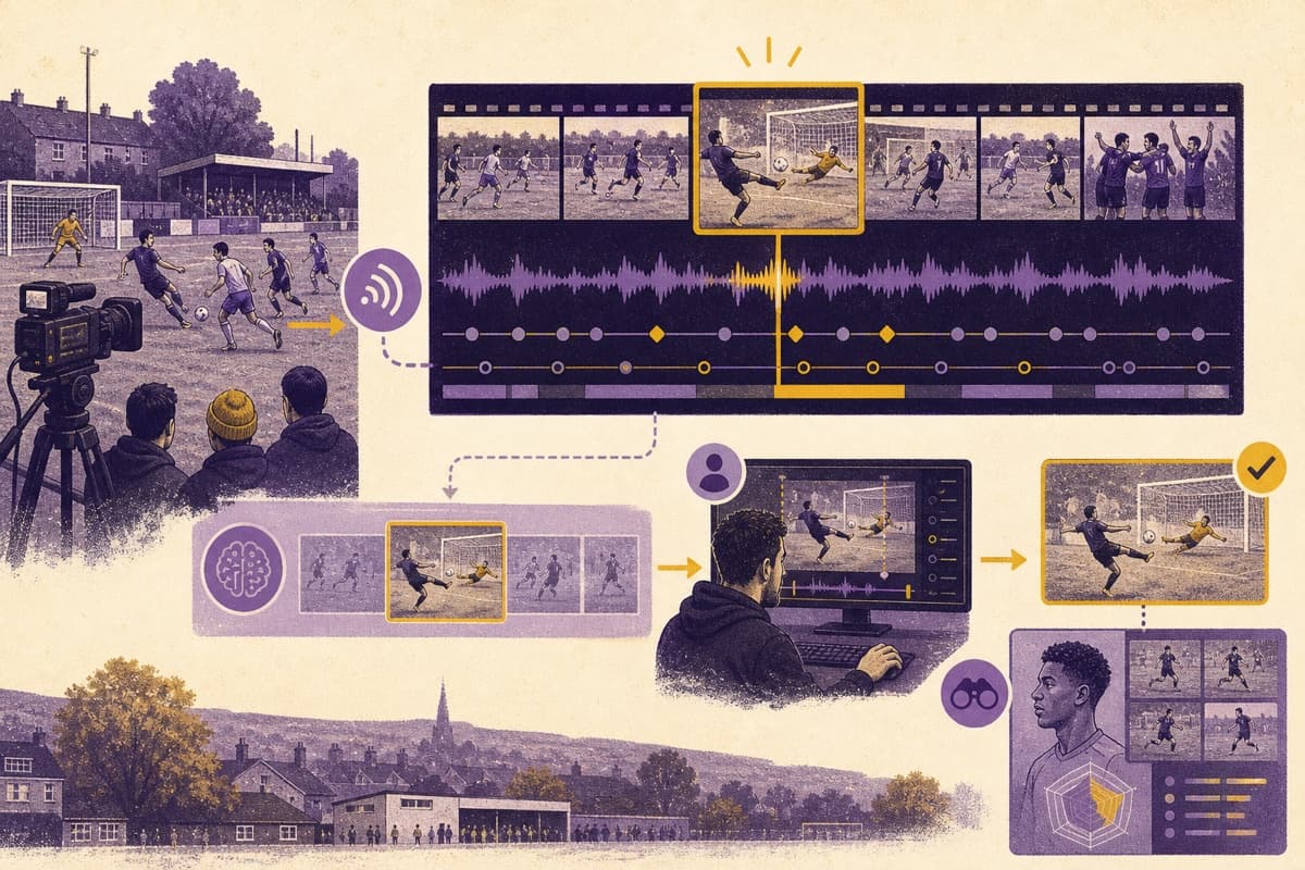 A local football stream moving through event detection, clip-boundary review, approval, and connection to a player scouting profile