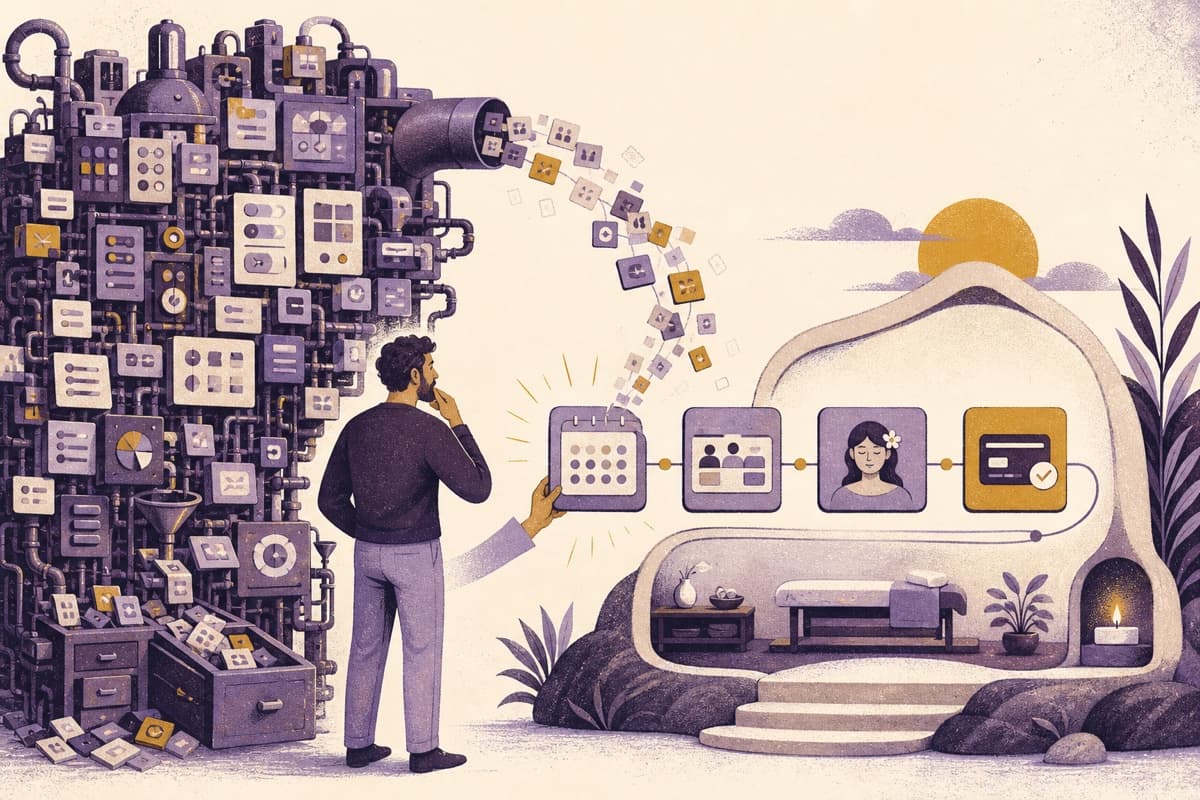 A founder selecting the valuable spa workflows from an overloaded generic platform and arranging them into a simpler original product