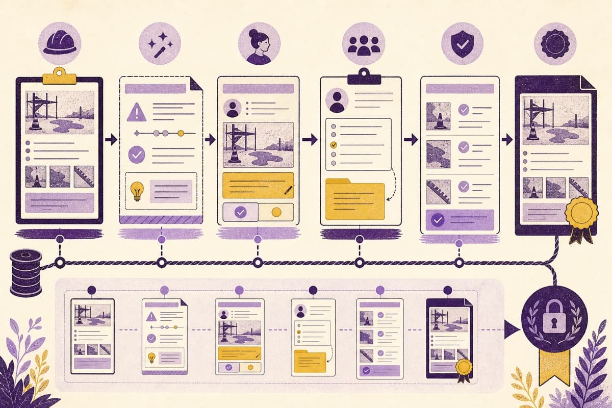 A safety incident moving through AI proposal, human approval, corrective action, completion evidence, and a sealed report with one continuous audit thread