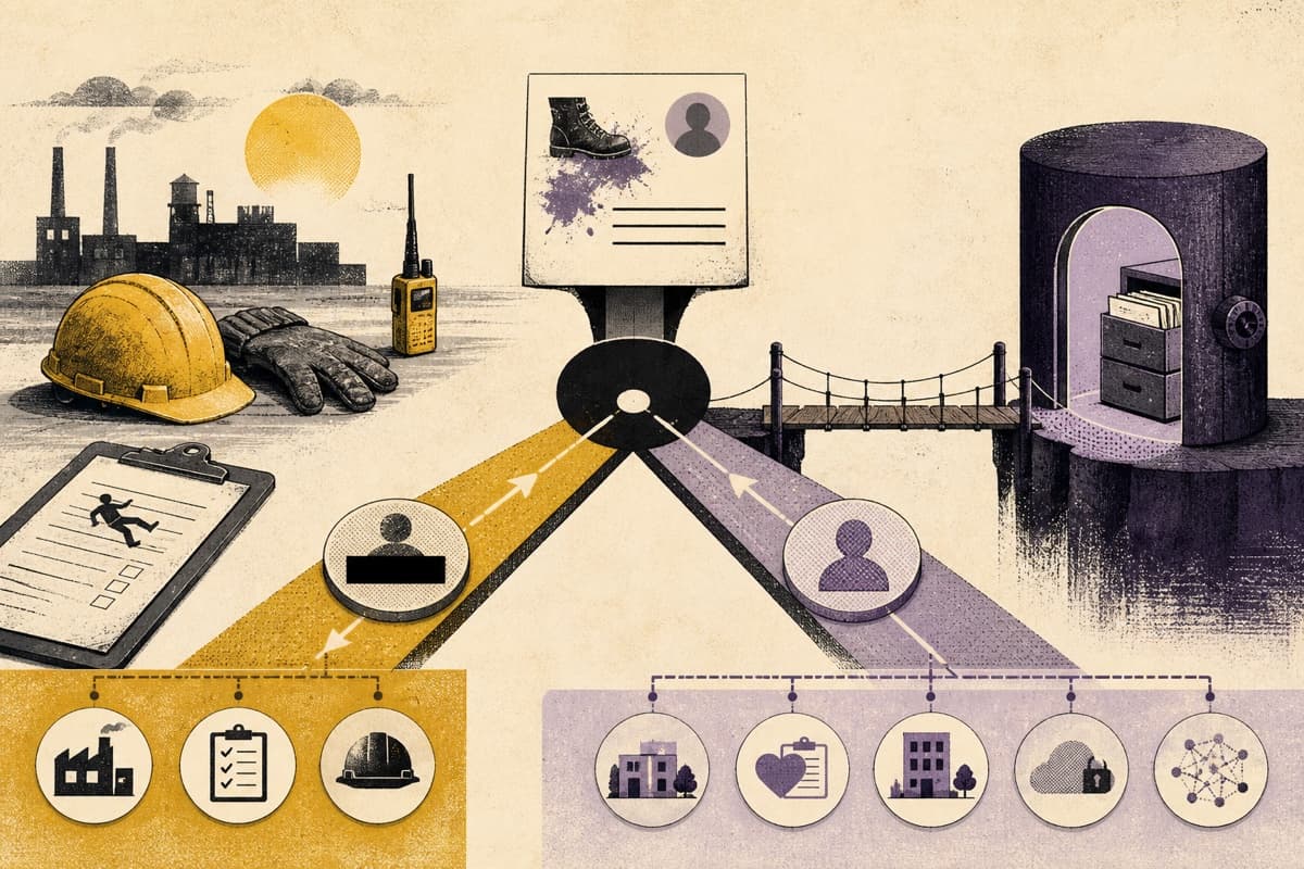 A workplace safety record and a protected occupational health record following separate paths through an EHS data-flow junction