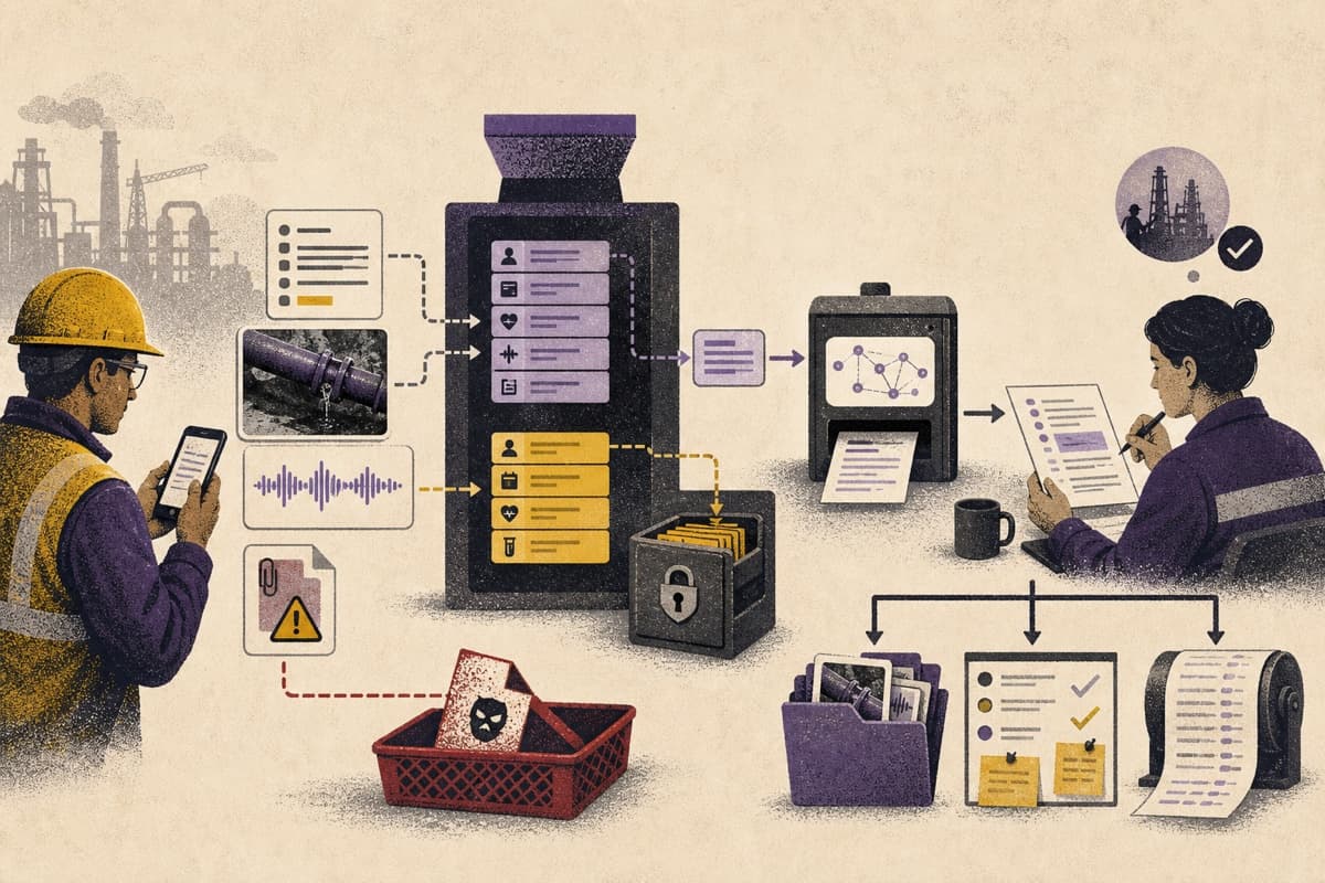 A field incident report passing through a privacy filter before AI drafting, human review, corrective action, and a controlled audit record