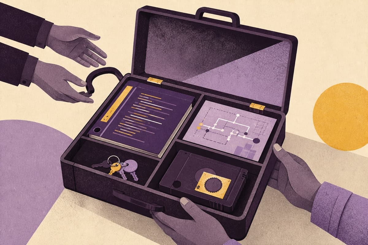 A receiving engineer takes ownership of a software kit with source, deployment instructions, account access, and a tested backup