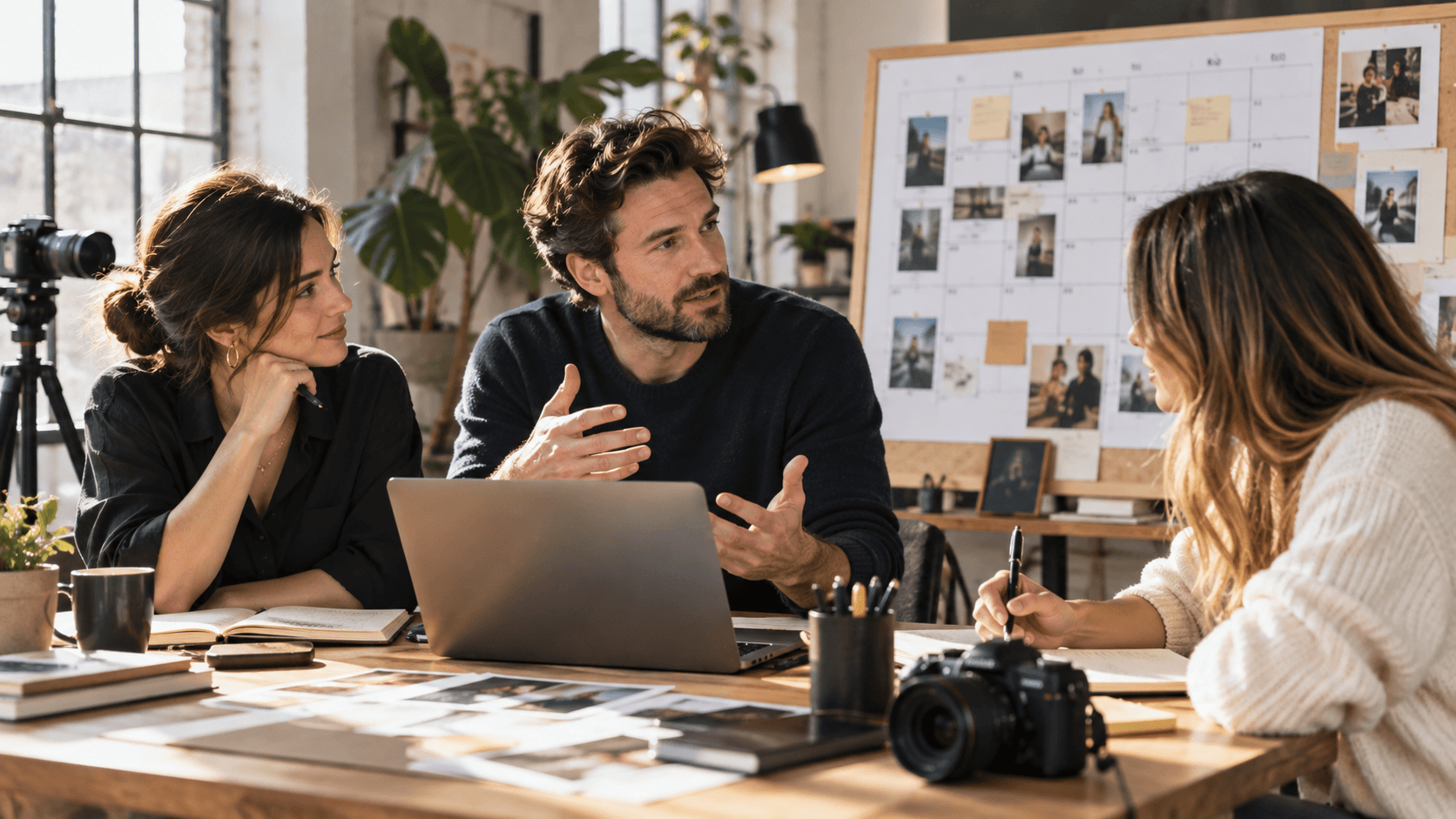 A founder and marketing collaborators shaping expertise into a consistent content plan